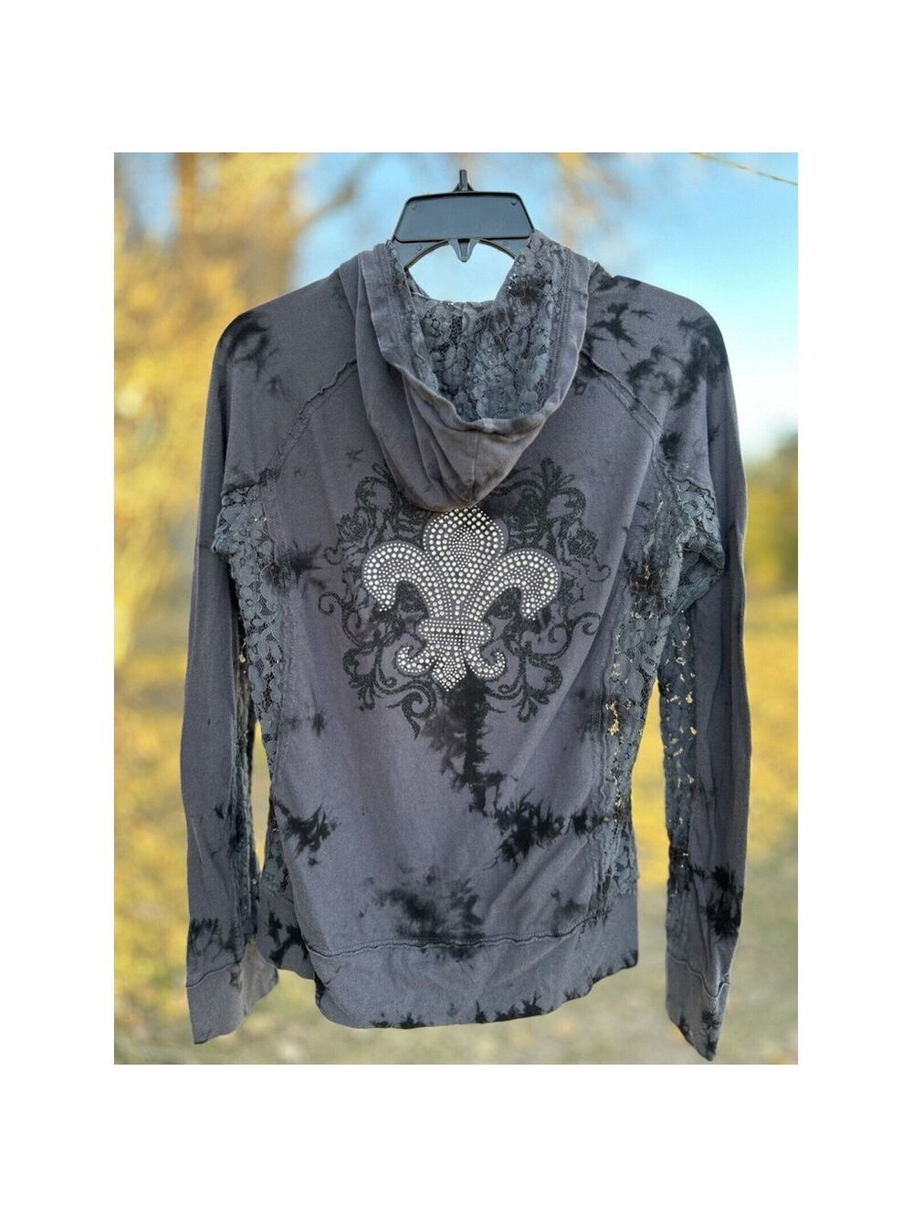 Cowgirl Legend Distressed Lace Hoodie Zip Jacket Womens Large Lightweight Gray